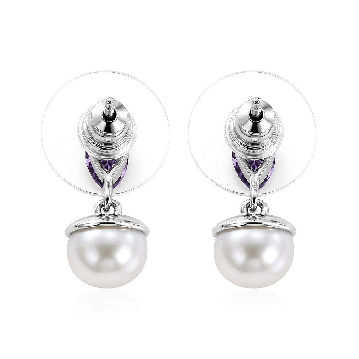 EverTrue Freshwater Pearl, African Amethyst 2.00 ctw Twilight Bloom Earrings, Ring (Size 5) and Pendant in Platinum Bond with Stainless Steel Necklace (20 Inches) image number 3