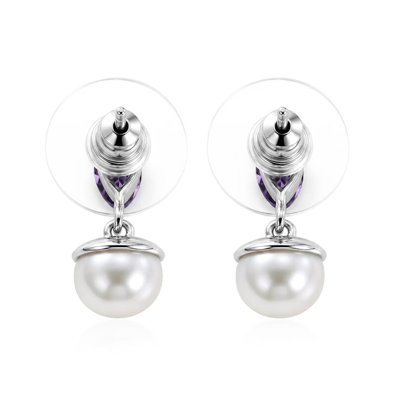 EverTrue Freshwater Pearl, African Amethyst 2.00 ctw Twilight Bloom Earrings, Ring (Size 5) and Pendant in Platinum Bond with Stainless Steel Necklace (20 Inches)