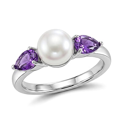 EverTrue Freshwater Pearl, African Amethyst 2.00 ctw Twilight Bloom Earrings, Ring (Size 5) and Pendant in Platinum Bond with Stainless Steel Necklace (20 Inches)