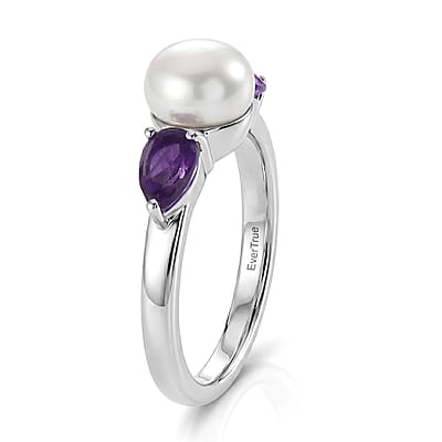 EverTrue Freshwater Pearl, African Amethyst 2.00 ctw Twilight Bloom Earrings, Ring (Size 5) and Pendant in Platinum Bond with Stainless Steel Necklace (20 Inches)