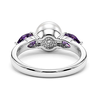EverTrue Freshwater Pearl, African Amethyst 2.00 ctw Twilight Bloom Earrings, Ring (Size 5) and Pendant in Platinum Bond with Stainless Steel Necklace (20 Inches)