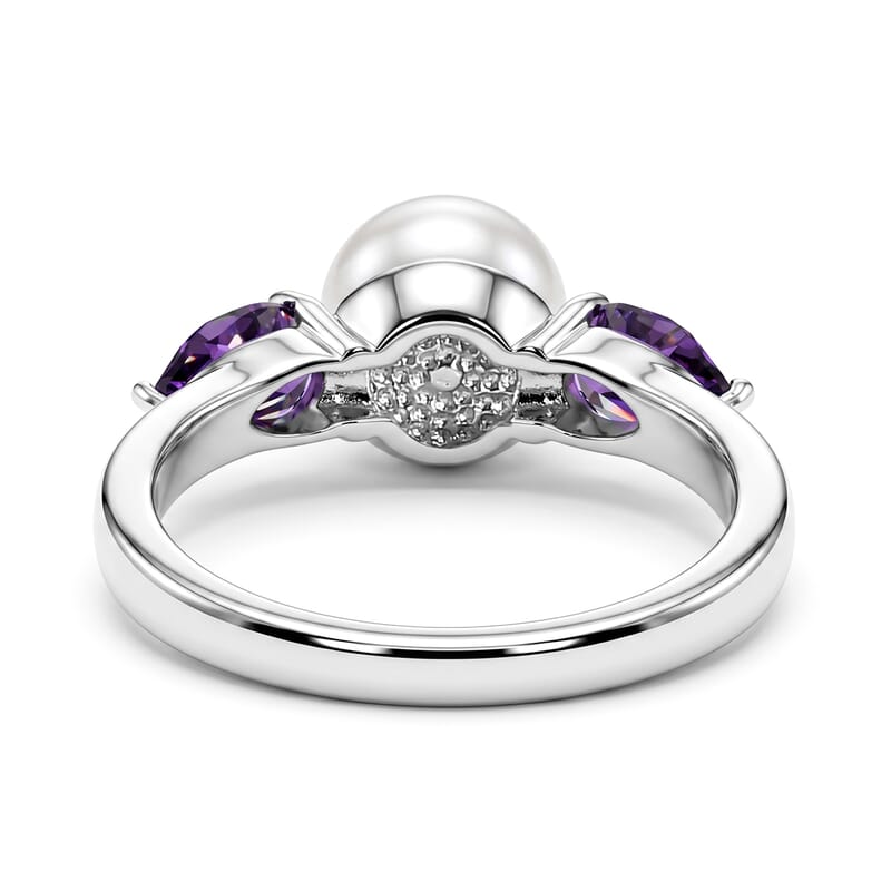 EverTrue Freshwater Pearl, African Amethyst 2.00 ctw Twilight Bloom Earrings, Ring (Size 5) and Pendant in Platinum Bond with Stainless Steel Necklace (20 Inches)
