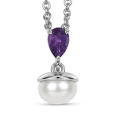 EverTrue Freshwater Pearl, African Amethyst 2.00 ctw Twilight Bloom Earrings, Ring (Size 5) and Pendant in Platinum Bond with Stainless Steel Necklace (20 Inches)