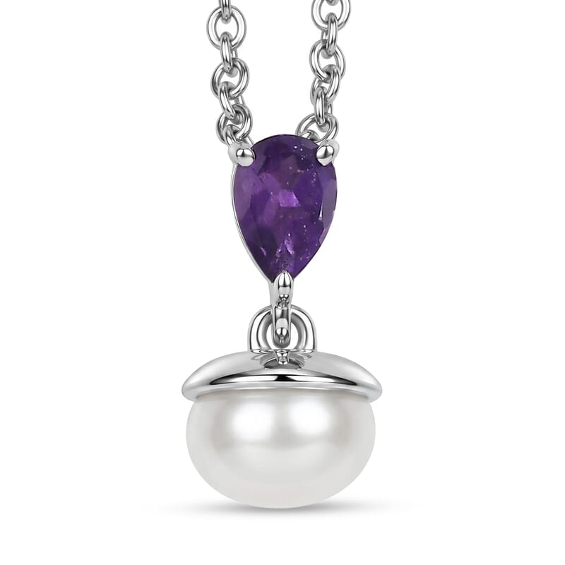 EverTrue Freshwater Pearl, African Amethyst 2.00 ctw Twilight Bloom Earrings, Ring (Size 5) and Pendant in Platinum Bond with Stainless Steel Necklace (20 Inches)