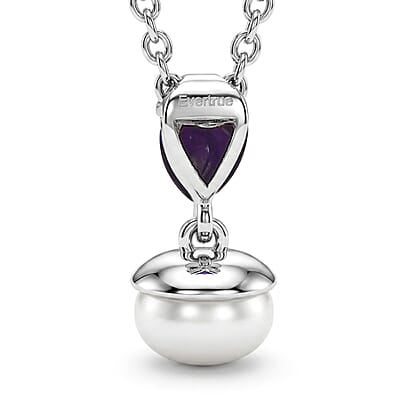 EverTrue Freshwater Pearl, African Amethyst 2.00 ctw Twilight Bloom Earrings, Ring (Size 5) and Pendant in Platinum Bond with Stainless Steel Necklace (20 Inches)