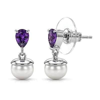 EverTrue Freshwater Pearl, African Amethyst 2.00 ctw Twilight Bloom Earrings, Ring (Size 5) and Pendant in Platinum Bond with Stainless Steel Necklace (20 Inches)