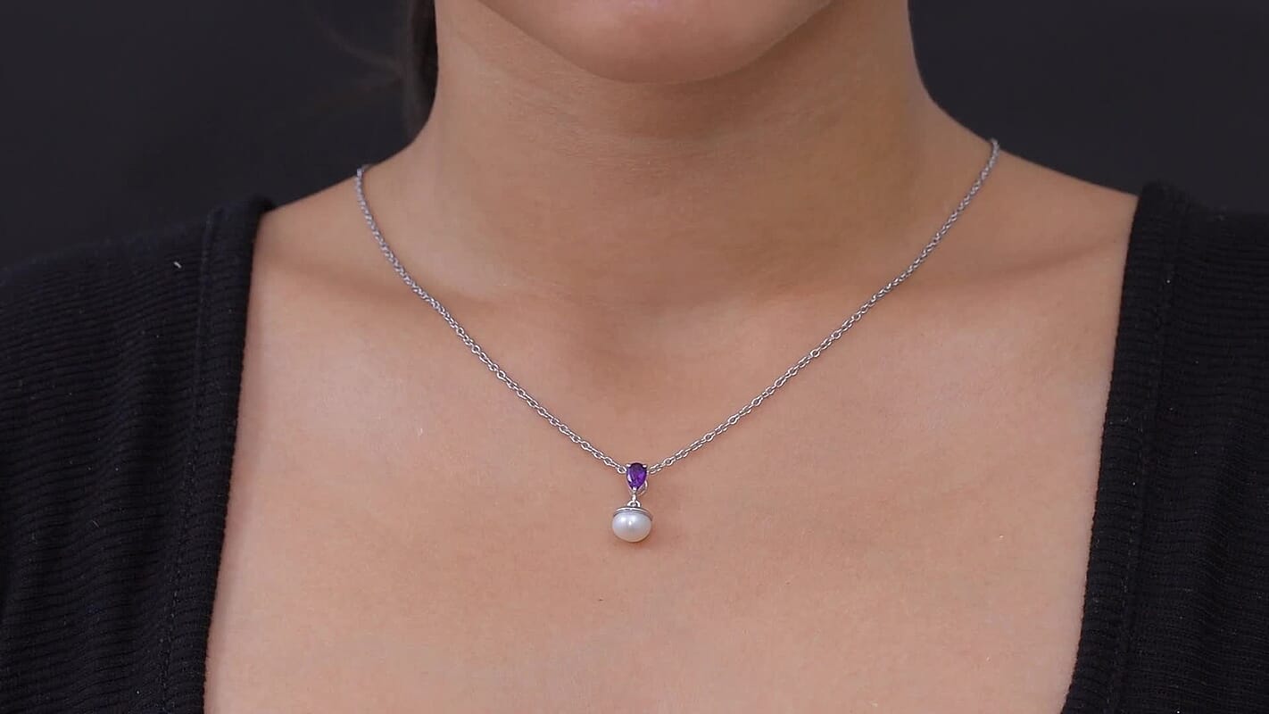 EverTrue Freshwater Pearl, African Amethyst 2.00 ctw Twilight Bloom Earrings, Ring and Pendant in Platinum Bond with Stainless Steel Necklace (20 Inches)