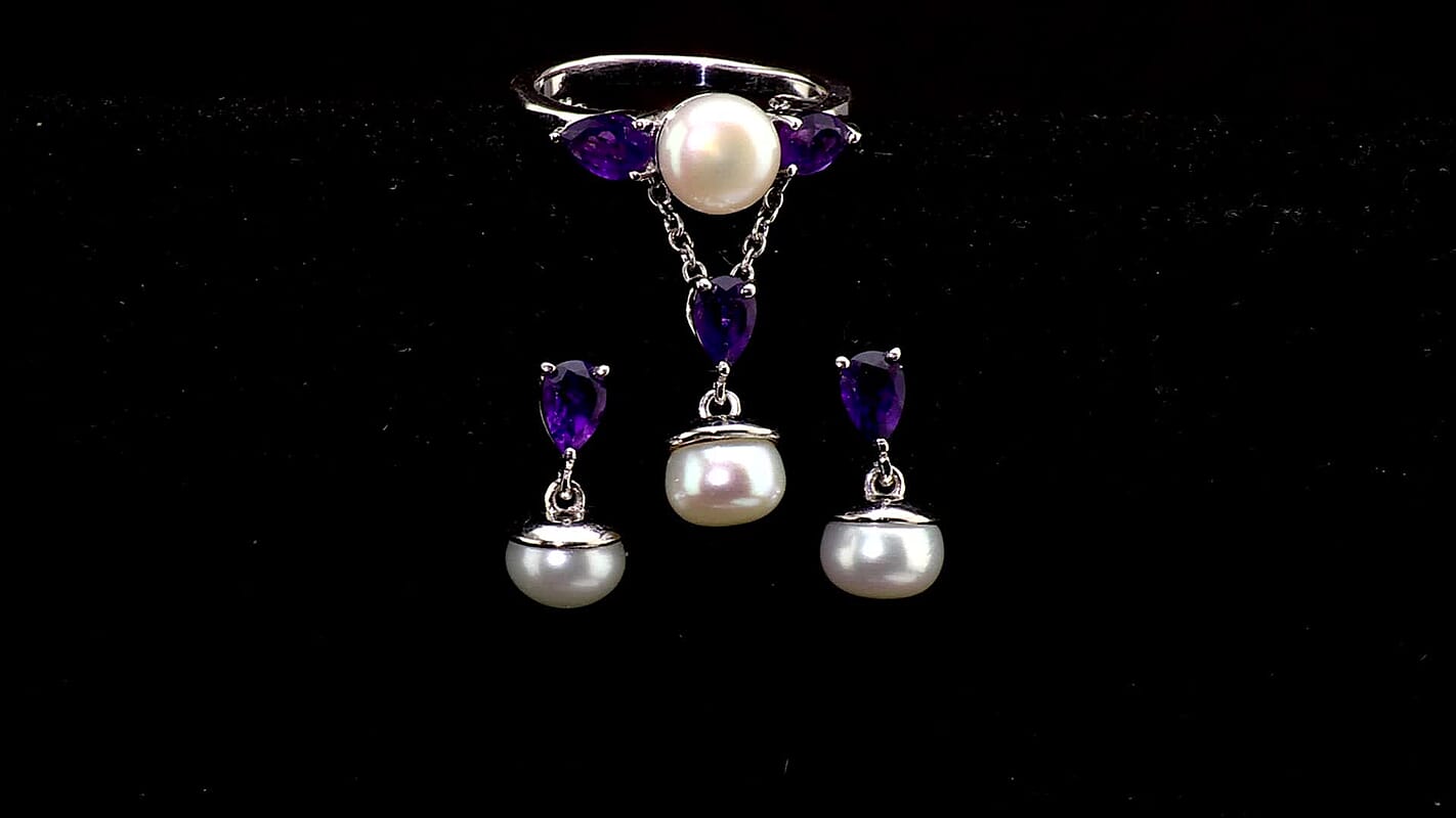 EverTrue Freshwater Pearl, African Amethyst 2.00 ctw Twilight Bloom Earrings, Ring and Pendant in Platinum Bond with Stainless Steel Necklace (20 Inches)