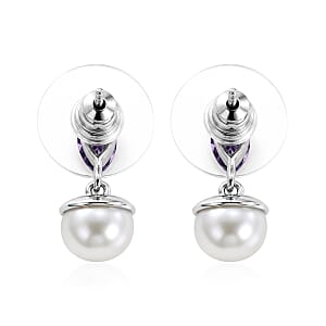 EverTrue Freshwater Pearl, African Amethyst 2.00 ctw Twilight Bloom Earrings, Ring (Size 10) and Pendant in Platinum Bond with Stainless Steel Necklace (20 Inches)