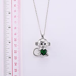 Simulated Emerald, Simulated Black Diamond Monkey Holding Heart Pendant Necklace (20-22 Inches) in Silvertone  