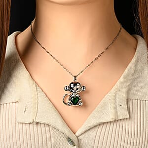 Simulated Emerald, Simulated Black Diamond Monkey Holding Heart Pendant Necklace (20-22 Inches) in Silvertone  