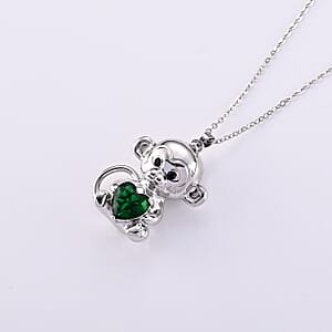 Simulated Emerald, Simulated Black Diamond Monkey Holding Heart Pendant Necklace (20-22 Inches) in Silvertone  