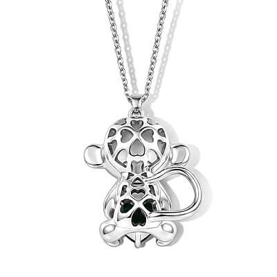 Simulated Emerald, Simulated Black Diamond Monkey Holding Heart Pendant Necklace (20-22 Inches) in Silvertone