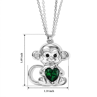 Simulated Emerald, Simulated Black Diamond Monkey Holding Heart Pendant Necklace (20-22 Inches) in Silvertone