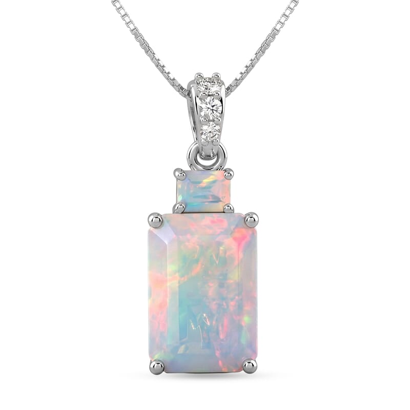 D'Joy Premium Ethiopian Welo Opal and Moissanite 2.80 ctw Aurora Prism Pendant Necklace in Rhodium Over Sterling Silver 18 Inches