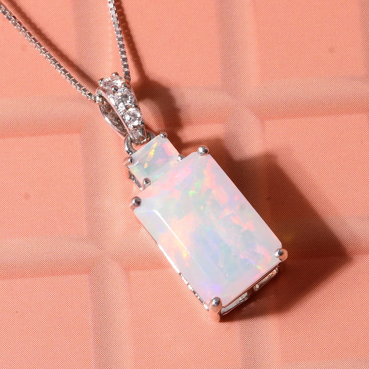 D'Joy Premium Ethiopian Welo Opal and Moissanite 2.80 ctw Aurora Prism Pendant Necklace in Rhodium Over Sterling Silver 18 Inches image number 1