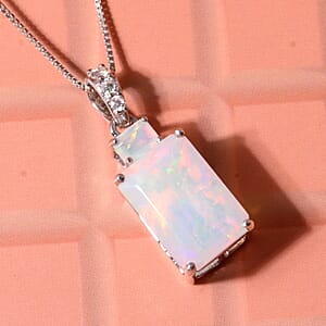 D'Joy Premium Ethiopian Welo Opal and Moissanite 2.80 ctw Aurora Prism Pendant Necklace in Rhodium Over Sterling Silver 18 Inches