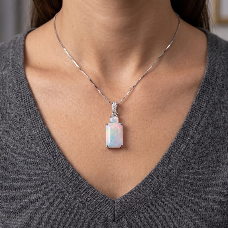 D'Joy Premium Ethiopian Welo Opal and Moissanite 2.80 ctw Aurora Prism Pendant Necklace in Rhodium Over Sterling Silver 18 Inches