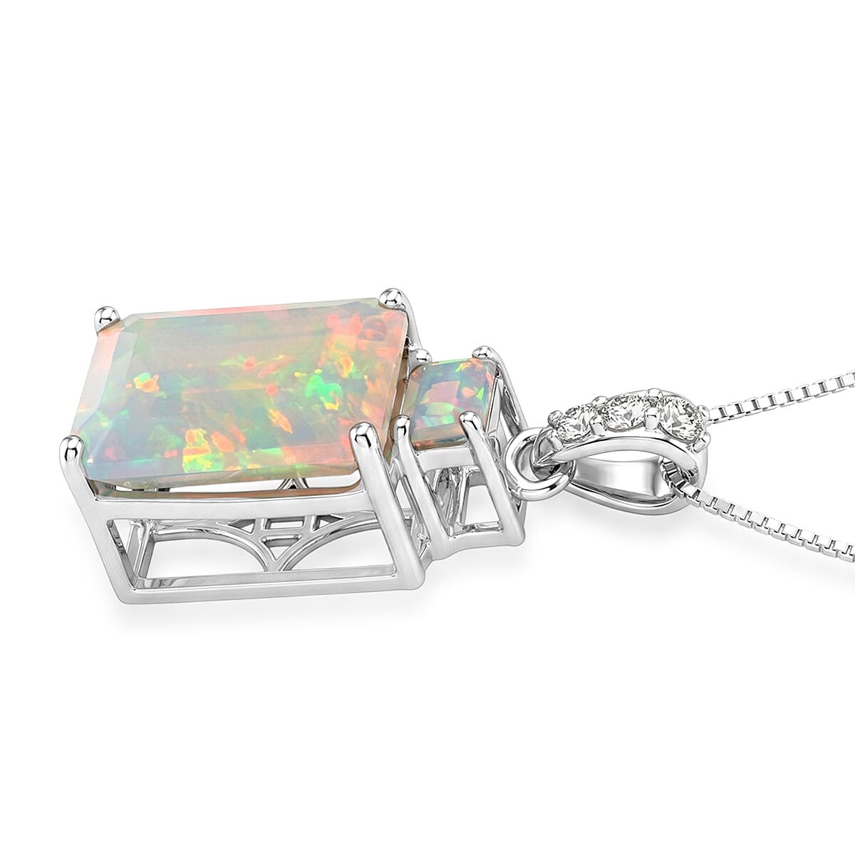 D'Joy Premium Ethiopian Welo Opal and Moissanite 2.80 ctw Aurora Prism Pendant Necklace in Rhodium Over Sterling Silver 18 Inches image number 3