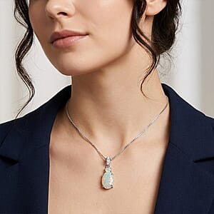 D'Joy Premium Ethiopian Welo Opal and Moissanite 2.50 ctw Aurora Prism Pendant Necklace in Rhodium Over Sterling Silver 18 Inches