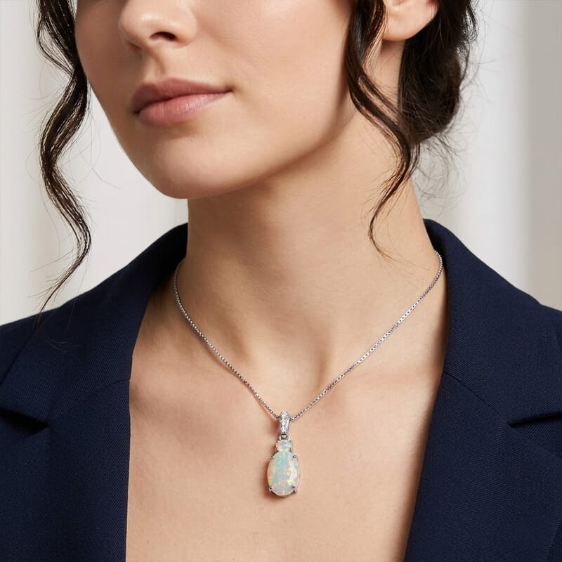 D'Joy Premium Ethiopian Welo Opal and Moissanite 2.50 ctw Aurora Prism Pendant Necklace in Rhodium Over Sterling Silver 18 Inches