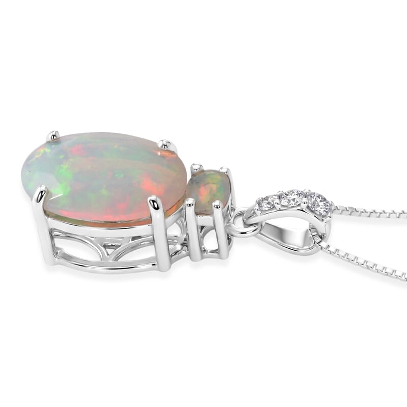 D'Joy Premium Ethiopian Welo Opal and Moissanite 2.50 ctw Aurora Prism Pendant Necklace in Rhodium Over Sterling Silver 18 Inches