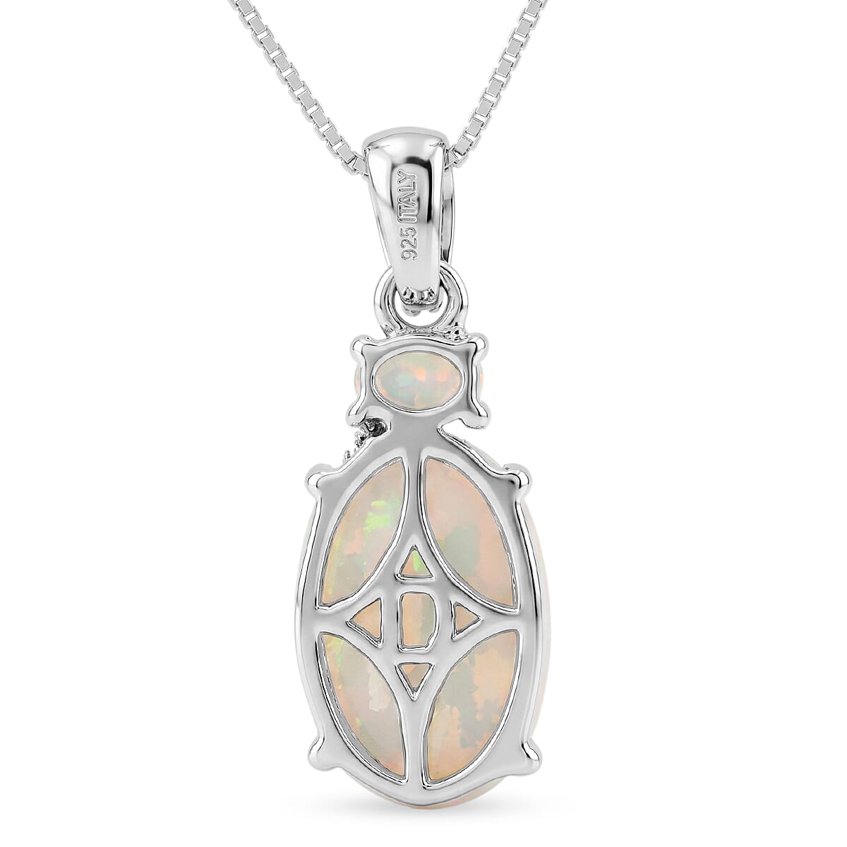 D'Joy Premium Ethiopian Welo Opal and Moissanite 2.50 ctw Aurora Prism Pendant Necklace in Rhodium Over Sterling Silver 18 Inches