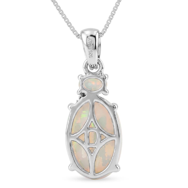 D'Joy Premium Ethiopian Welo Opal and Moissanite 2.50 ctw Aurora Prism Pendant Necklace in Rhodium Over Sterling Silver 18 Inches
