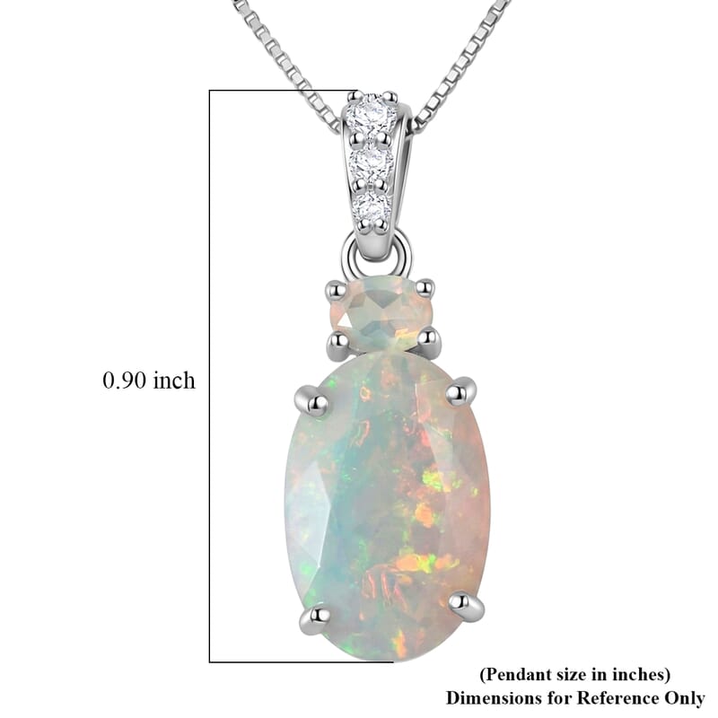 D'Joy Premium Ethiopian Welo Opal and Moissanite 2.50 ctw Aurora Prism Pendant Necklace in Rhodium Over Sterling Silver 18 Inches