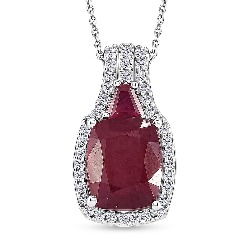 D'Joy Niassa Ruby (FF) and White Zircon 7.80 ctw Pendant Necklace in Rhodium Over Sterling Silver (20 Inches)