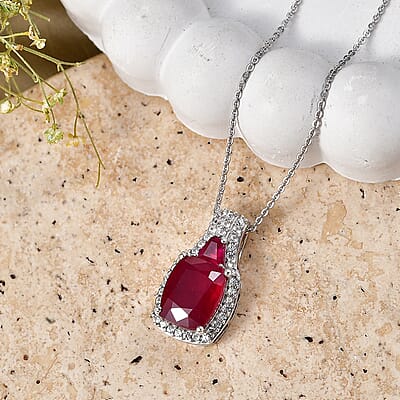 D'Joy Niassa Ruby (FF) and White Zircon 7.80 ctw Pendant Necklace in Rhodium Over Sterling Silver (20 Inches)