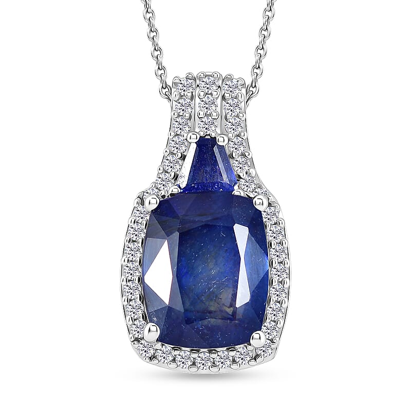 D'Joy Masoala Sapphire (D) and White Zircon 7.50 ctw Ethereal Radiance Pendant Necklace (20 Inches) in Rhodium Over Sterling Silver