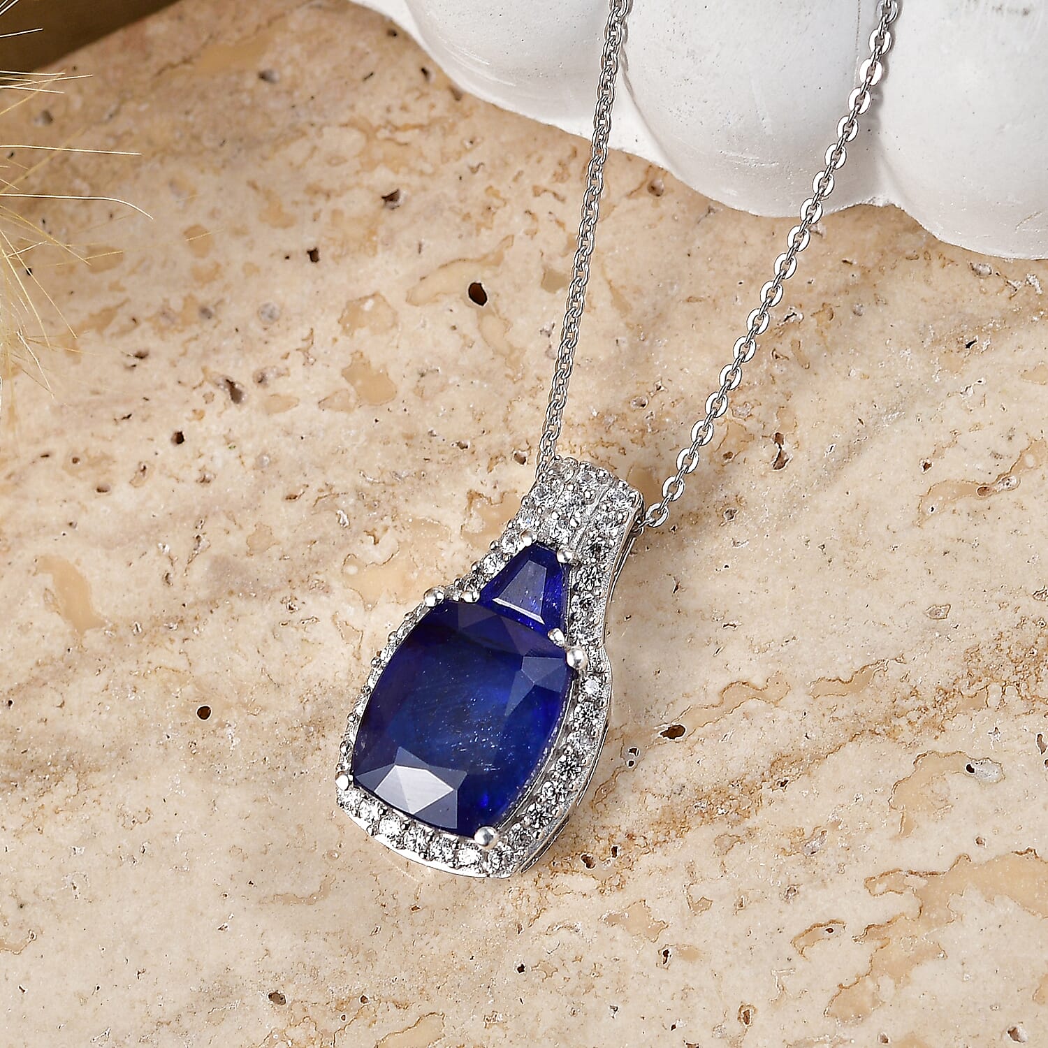 D'Joy Masoala Sapphire (D) and White Zircon 7.50 ctw Ethereal Radiance Pendant Necklace (20 Inches) in Rhodium Over Sterling Silver