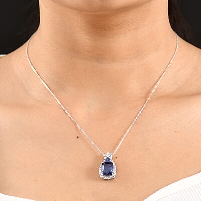 D'Joy Masoala Sapphire (D) and White Zircon 7.50 ctw Ethereal Radiance Pendant Necklace (20 Inches) in Rhodium Over Sterling Silver