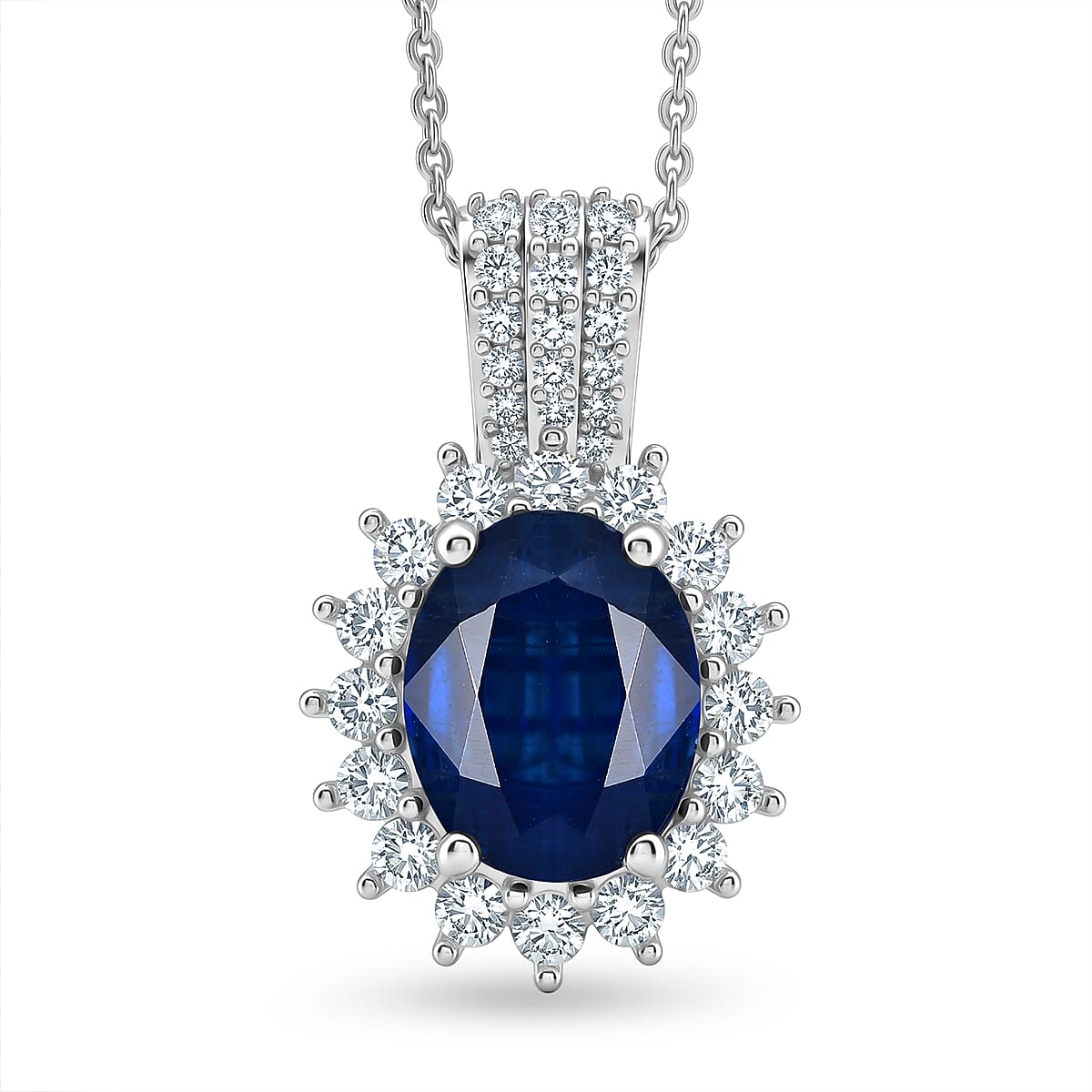 D'Joy AAA Kashmir Kyanite and Moissanite 4.00 ctw Royal Blue Blossom Pendant Necklace in Rhodium Over Sterling Silver 20 Inches