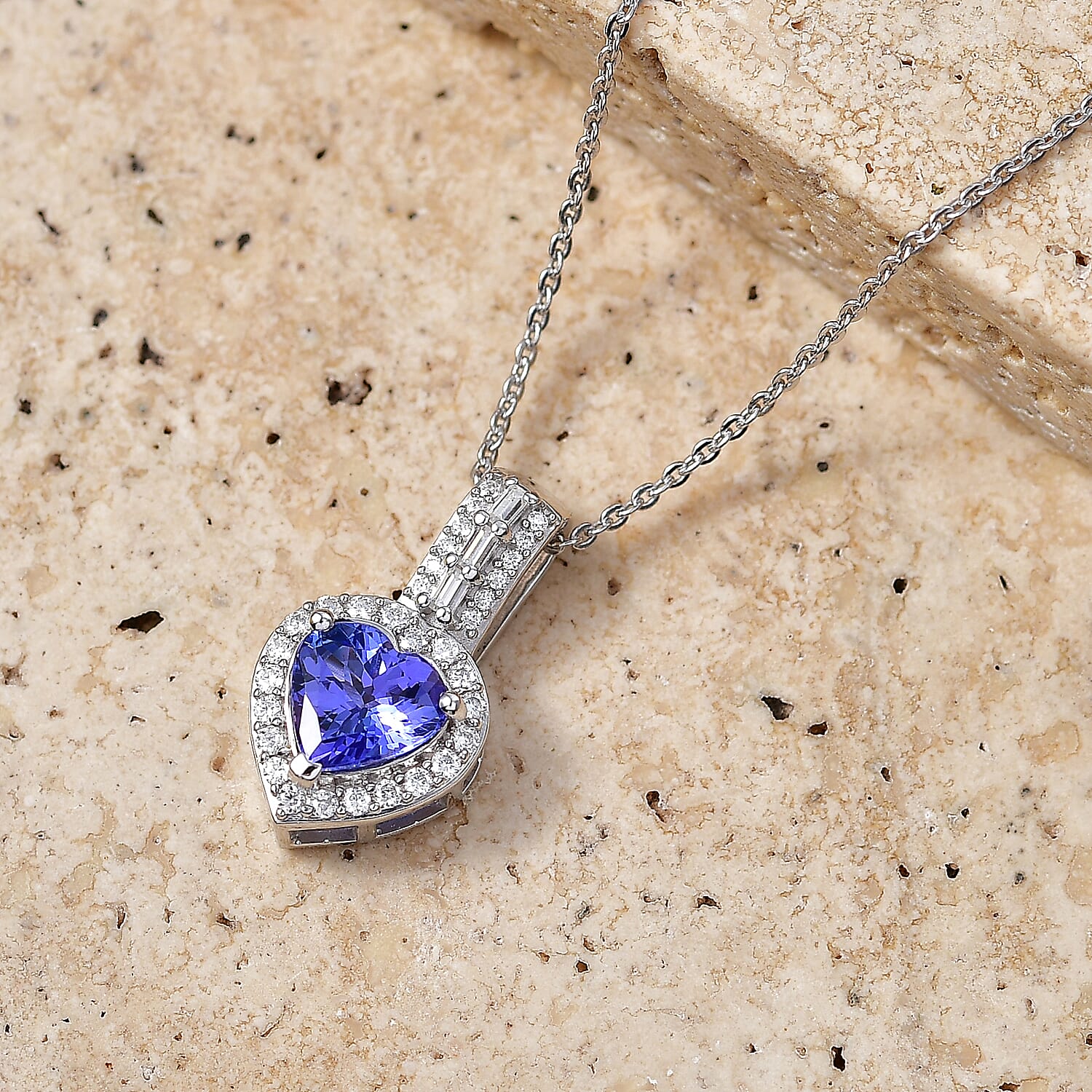 D'Joy Premium Tanzanite and Moissanite 1.30 ctw Heart Pendant Necklace in Rhodium Over Sterling Silver (20 Inches)