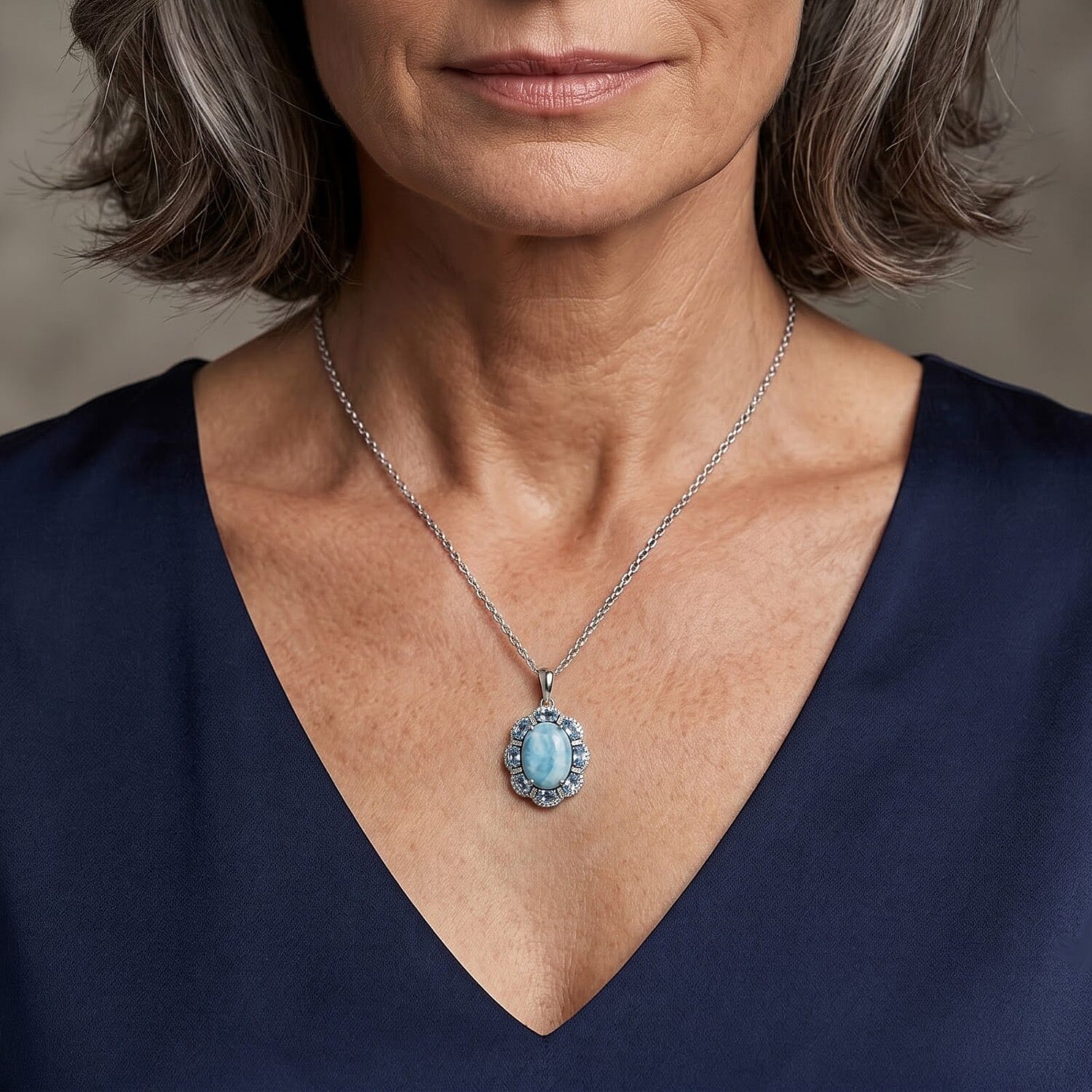 D'Joy AAA Larimar and Multi Gemstone 13.90 ctw Pendant Necklace (20 Inches) in Rhodium Over Sterling Silver