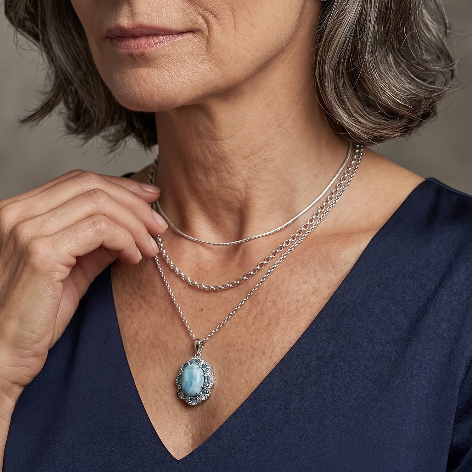 D'Joy AAA Larimar and Multi Gemstone 13.90 ctw Pendant Necklace (20 Inches) in Rhodium Over Sterling Silver