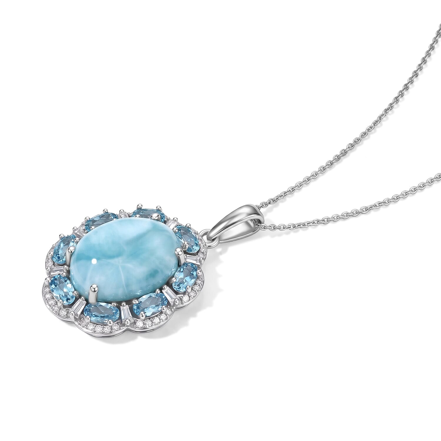 D'Joy AAA Larimar and Multi Gemstone 13.90 ctw Pendant Necklace (20 Inches) in Rhodium Over Sterling Silver