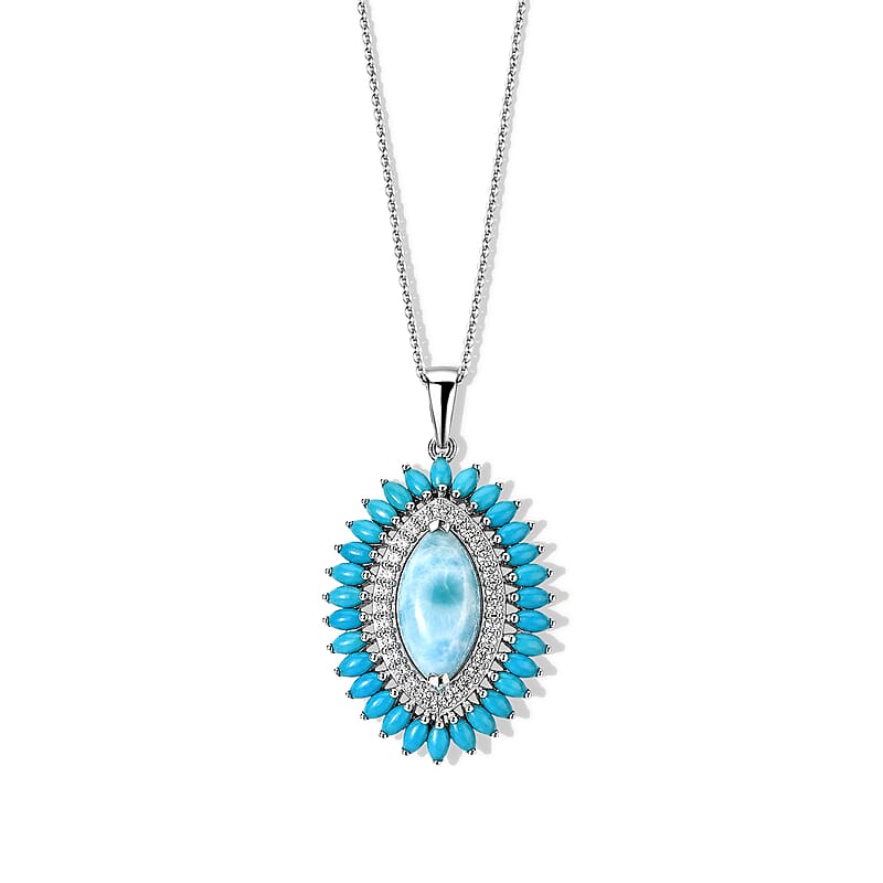 D'Joy AAA Larimar and Multi Gemstone 8.60 ctw Pendant Necklace in Rhodium Over Sterling Silver 20 Inches