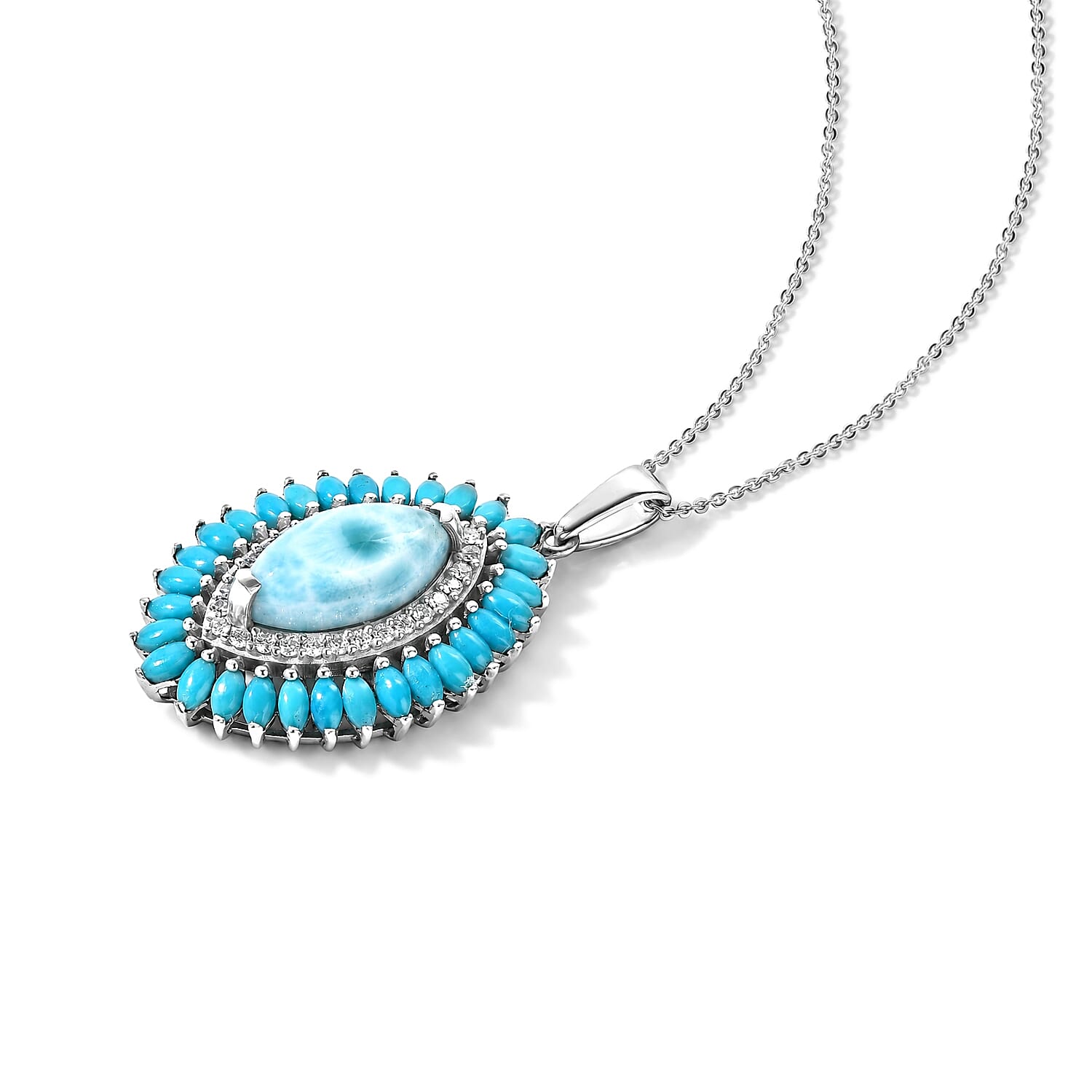 D'Joy AAA Larimar and Multi Gemstone 8.60 ctw Pendant Necklace in Rhodium Over Sterling Silver 20 Inches