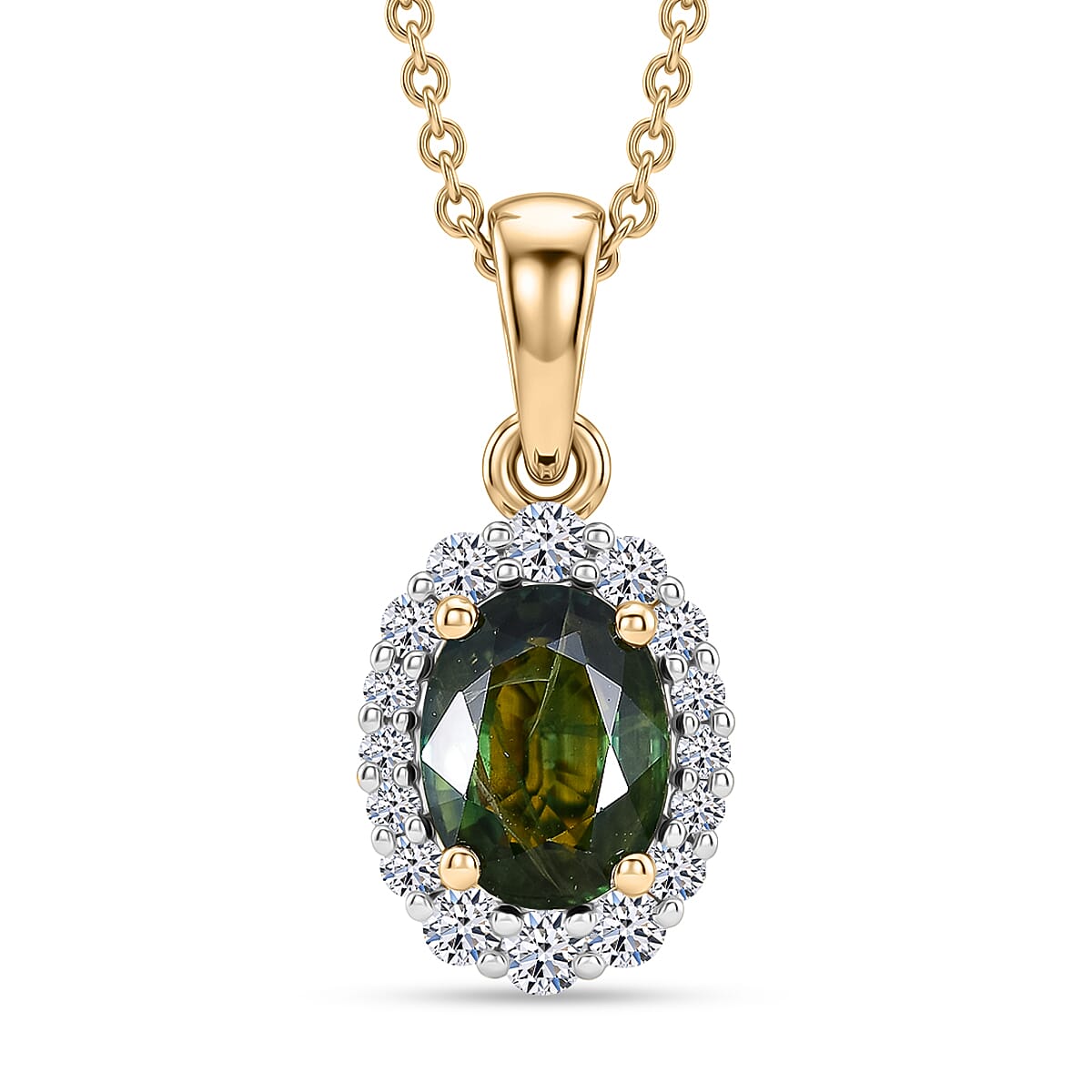 Certified & Appraised AAA Milanoa Green Sapphire and Luxuriant Lab Grown Diamond G-H SI 2.10 ctw Pendant Necklace in 10K Yellow Gold 20 Inches