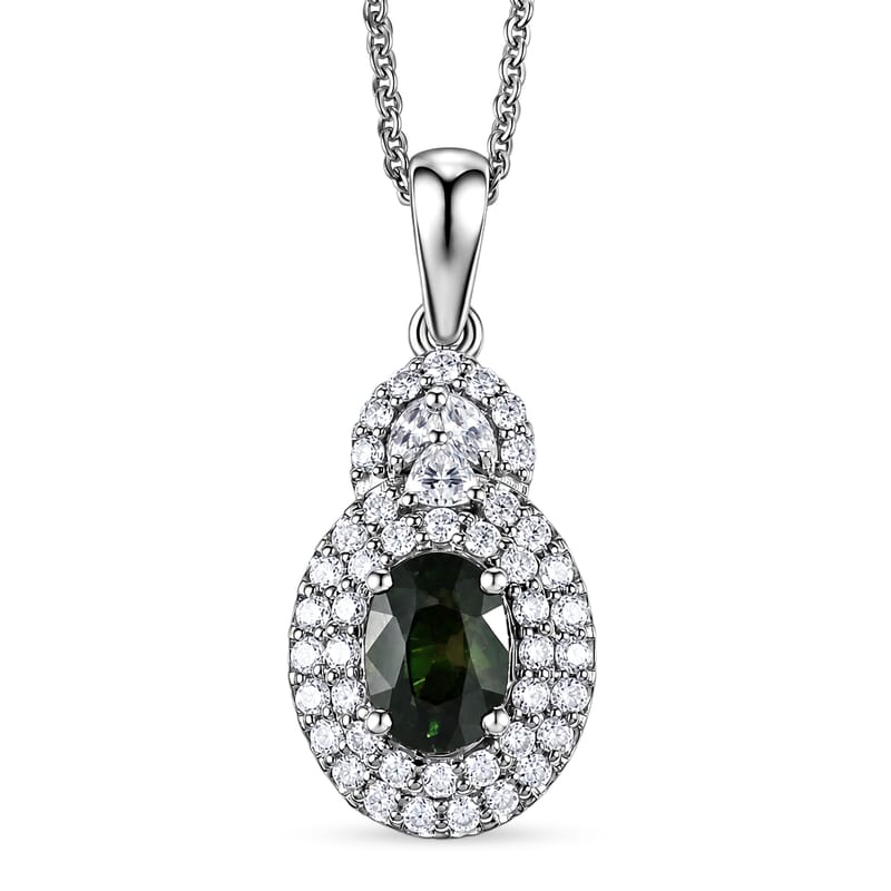 Certified & Appraised D'Joy Premium Milanoa Green Sapphire and Moissanite 1.60 ctw Pendant Necklace in Rhodium Over Sterling Silver 20 Inches