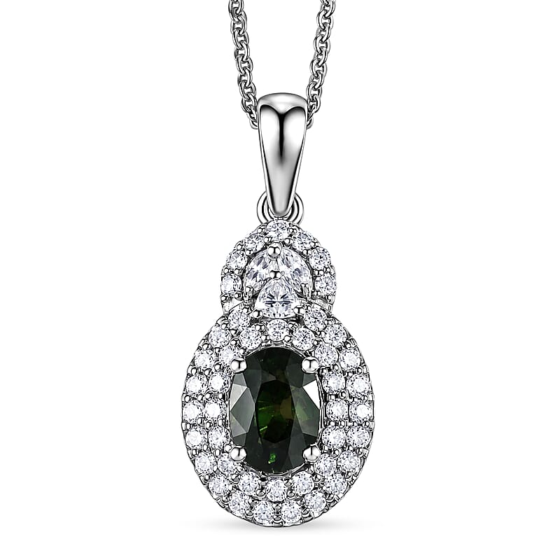 Certified & Appraised D'Joy Premium Milanoa Green Sapphire and Moissanite 1.60 ctw Pendant Necklace in Rhodium Over Sterling Silver 20 Inches
