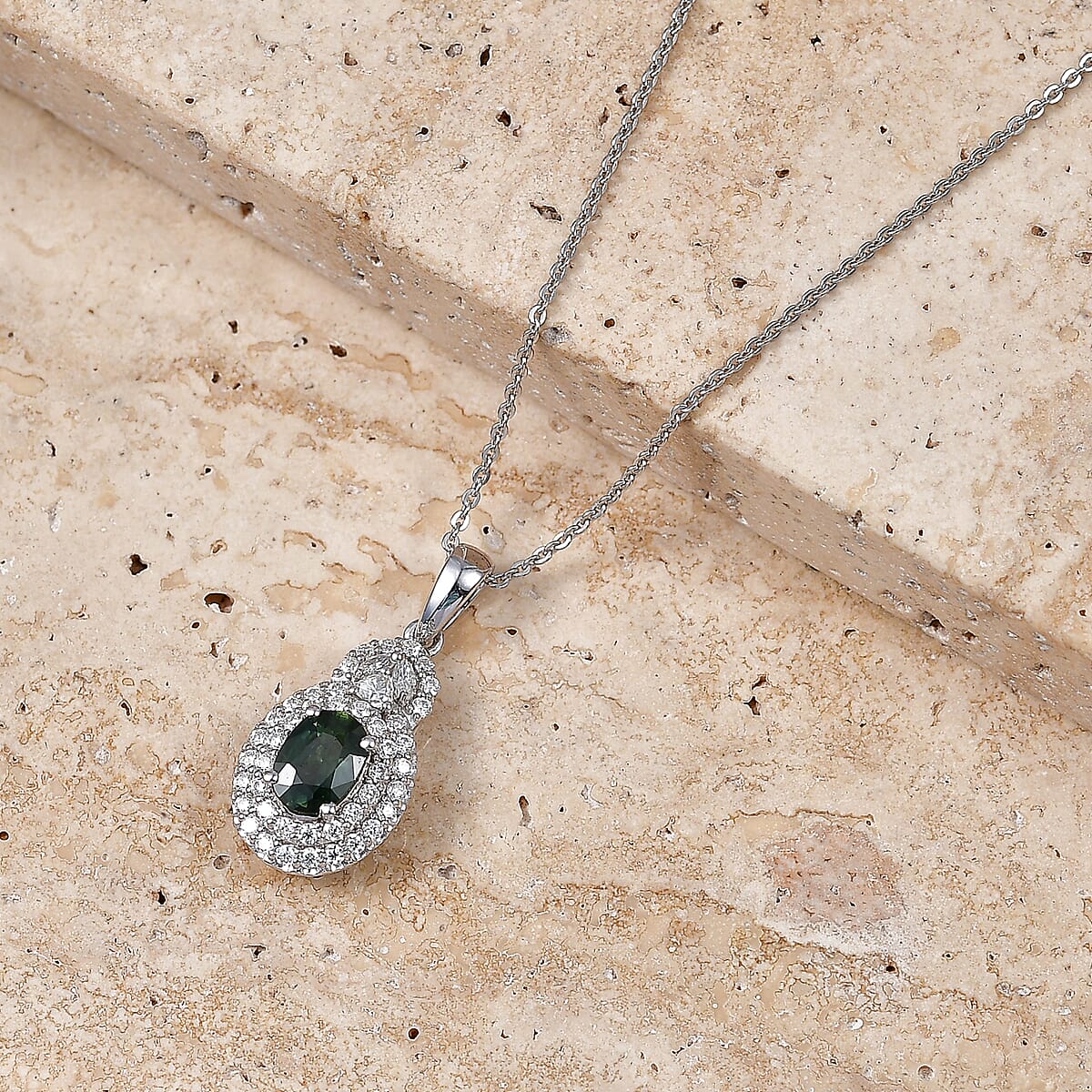 Certified & Appraised D'Joy Premium Milanoa Green Sapphire and Moissanite 1.60 ctw Pendant Necklace in Rhodium Over Sterling Silver 20 Inches  image number 1
