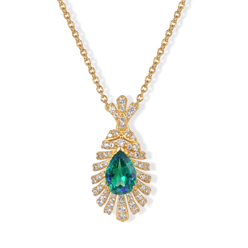 EverTrue Peacock Quartz (Triplet) and White Zircon 3.20 ctw Feather Glow Pendant in 18K YG Plated with ION Plated YG Stainless Steel Necklace (20 Inches)