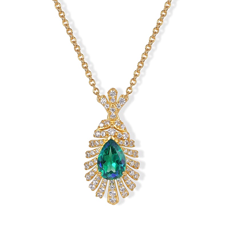 EverTrue Peacock Quartz (Triplet) and White Zircon 3.20 ctw Feather Glow Pendant in 18K YG Plated with ION Plated YG Stainless Steel Necklace (20 Inches)