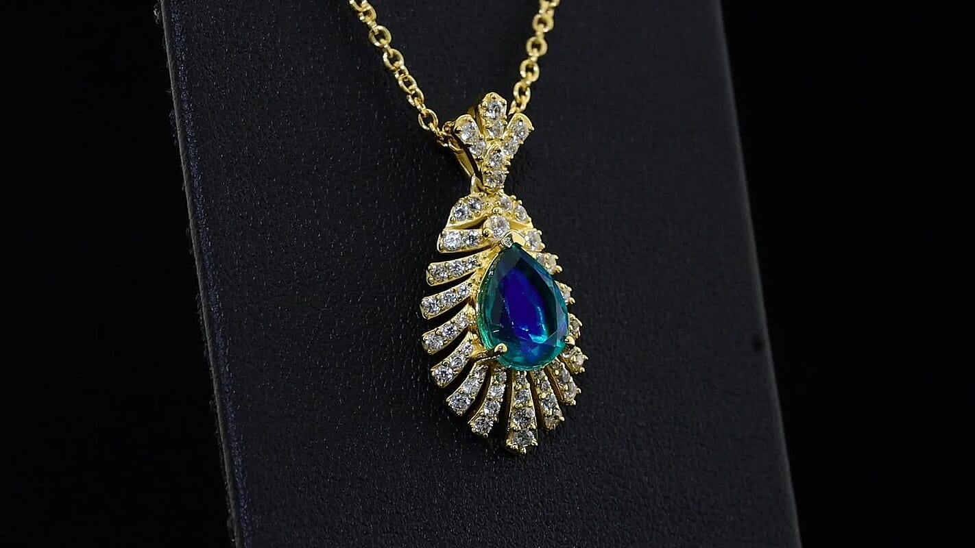 EverTrue Peacock Quartz, White Zircon Feather Glow Pendant in 18K YG Plated with ION Plated YG Stainless Steel Necklace (20 Inches) 3.20 ctw