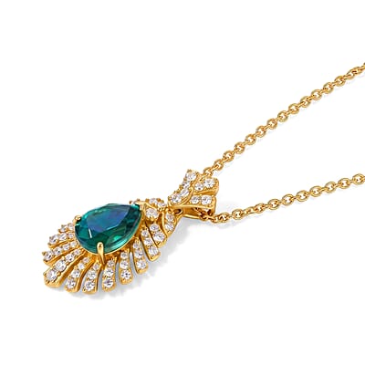 EverTrue Peacock Quartz (Triplet) and White Zircon 3.20 ctw Feather Glow Pendant in 18K YG Plated with ION Plated YG Stainless Steel Necklace (20 Inches)