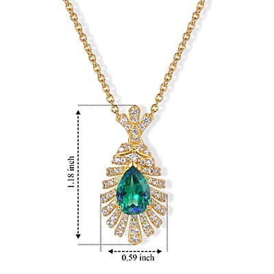 EverTrue Peacock Quartz (Triplet) and White Zircon 3.20 ctw Feather Glow Pendant in 18K YG Plated with ION Plated YG Stainless Steel Necklace (20 Inches)